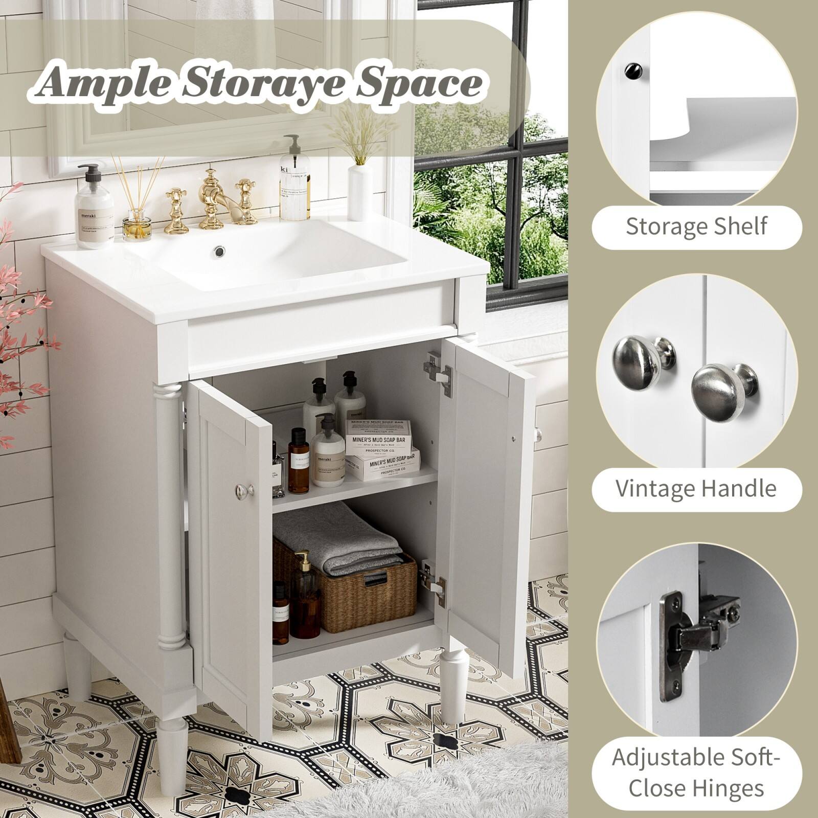 Ample Storage Space

- Storage Shelf
- Vintage Handle
- Adjustable Soft-Close Hinges