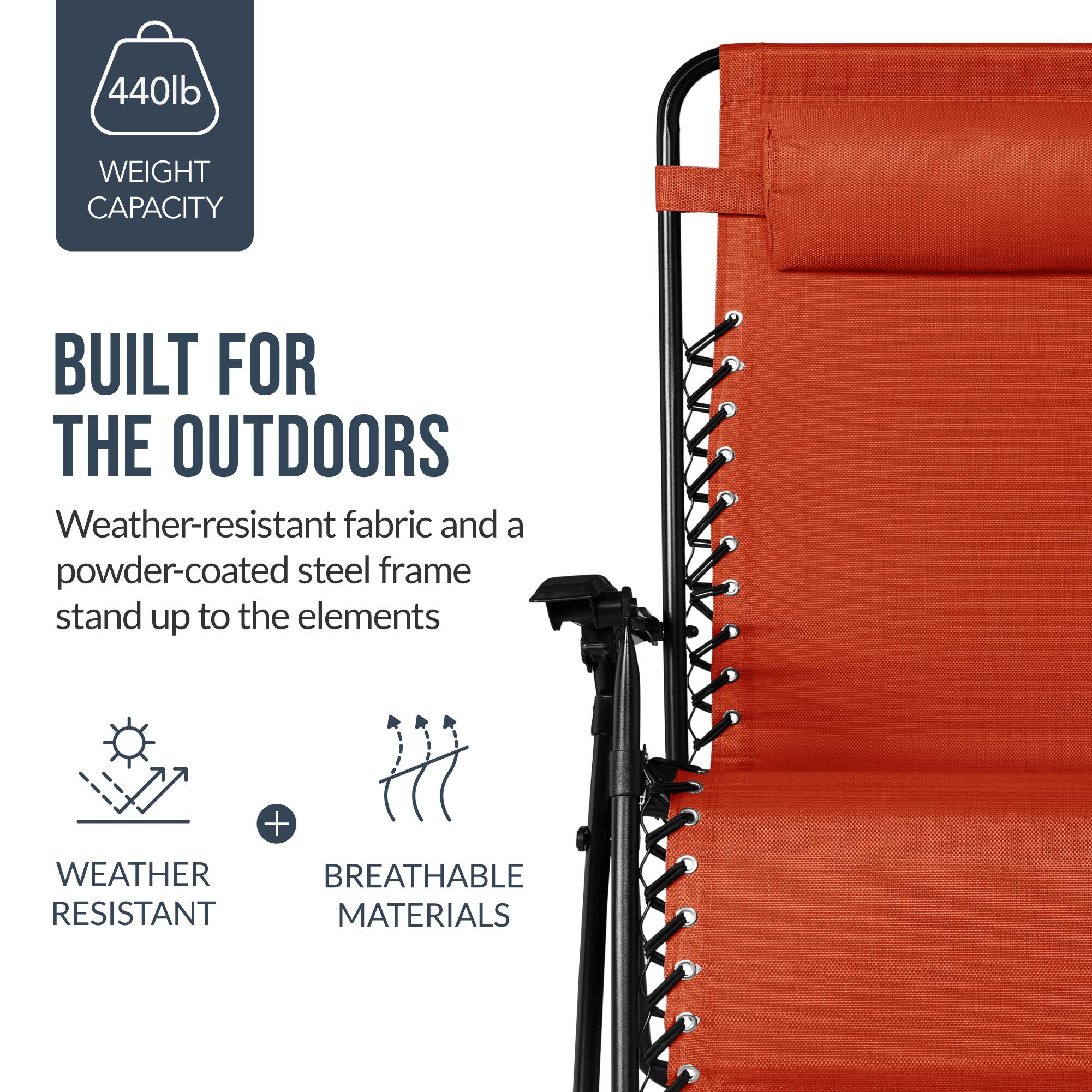 440lb WEIGHT CAPACITY  
BUILT FOR THE OUTDOORS  
Weather-resistant fabric and a powder-coated steel frame stand up to the elements  
+ WEATHER RESISTANT MATERIALS
