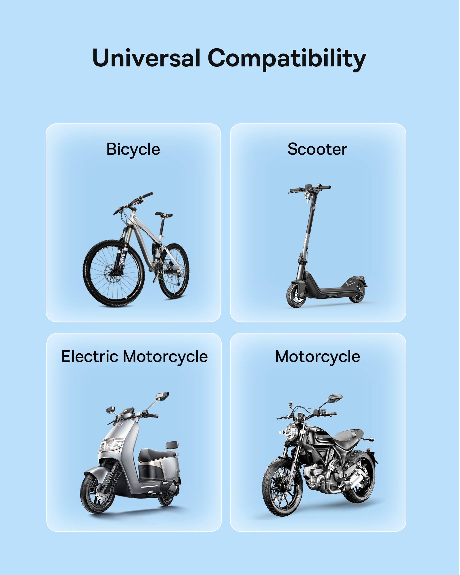Universal Compatibility
Bicycle
Scooter
Electric Motorcycle
Motorcycle