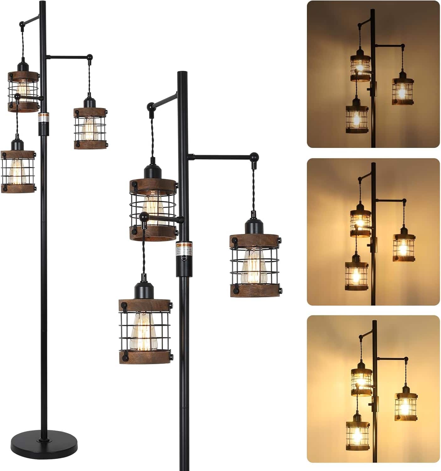 Z-Edge - Dimmable Floor Lamps for Living Room, 3-Light Industrial Floor Lamp with Wood & Metal Cage, Standing Lamp Tall Tree Lamp - Black