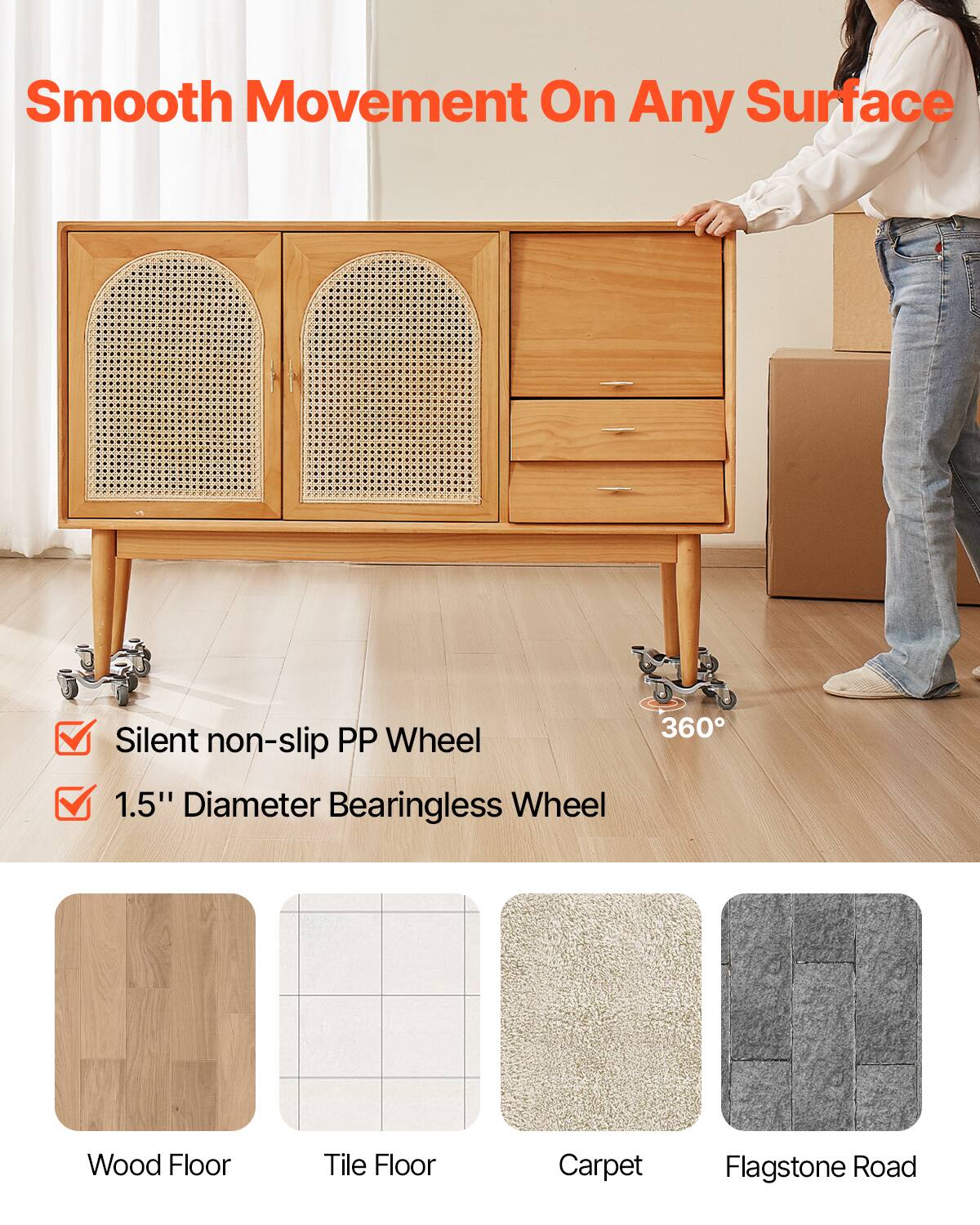 Smooth Movement On Any Surface

- Silent non-slip PP Wheel
- 1.5" Diameter Bearingless Wheel

360°

Wood Floor  
Tile Floor  
Carpet  
Flagstone Road
