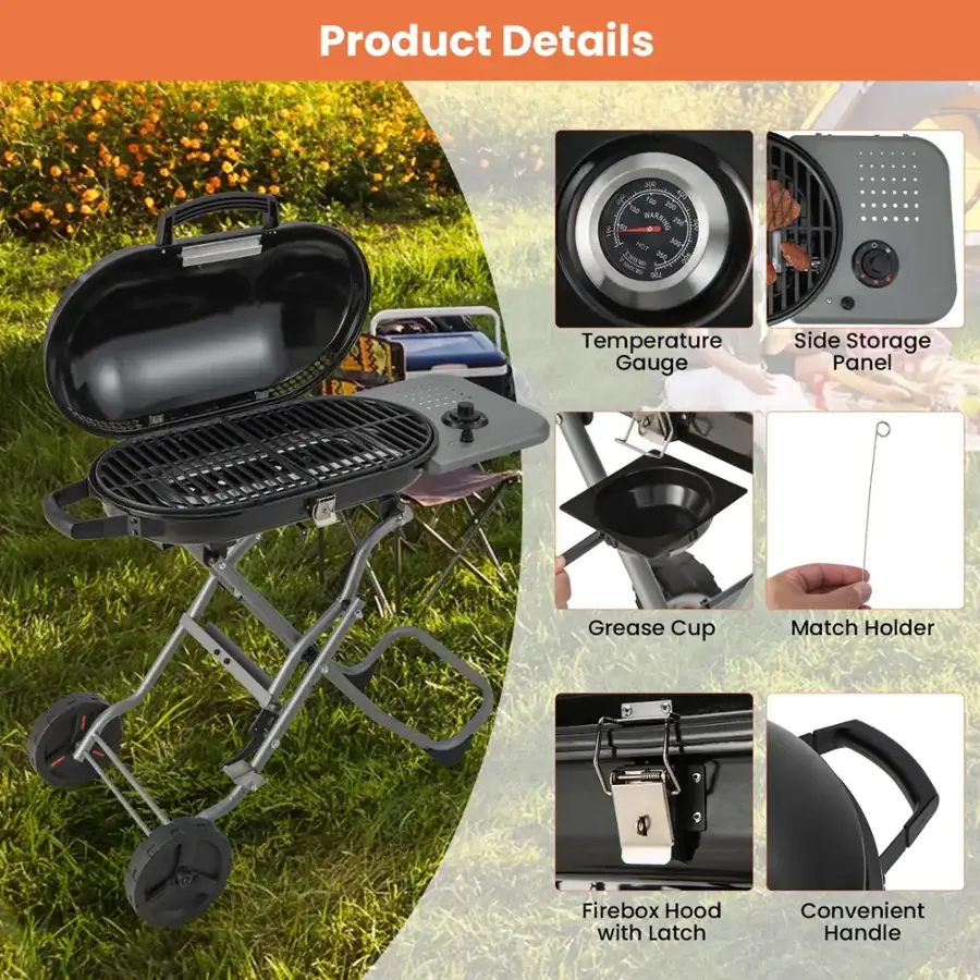 Product Details:

1. Temperature Gauge: 10 F - 200 C Barkid Un0 Hot - Ce - de Temperature Gauge
2. Side Storage Panel: Side Storage Panel
3. Grease Cup: Grease Cup
4. Match Holder: Match Holder
5. Firebox Hood with Latch: Firebox Hood with Latch
6. Convenient Handle: Convenient Handle