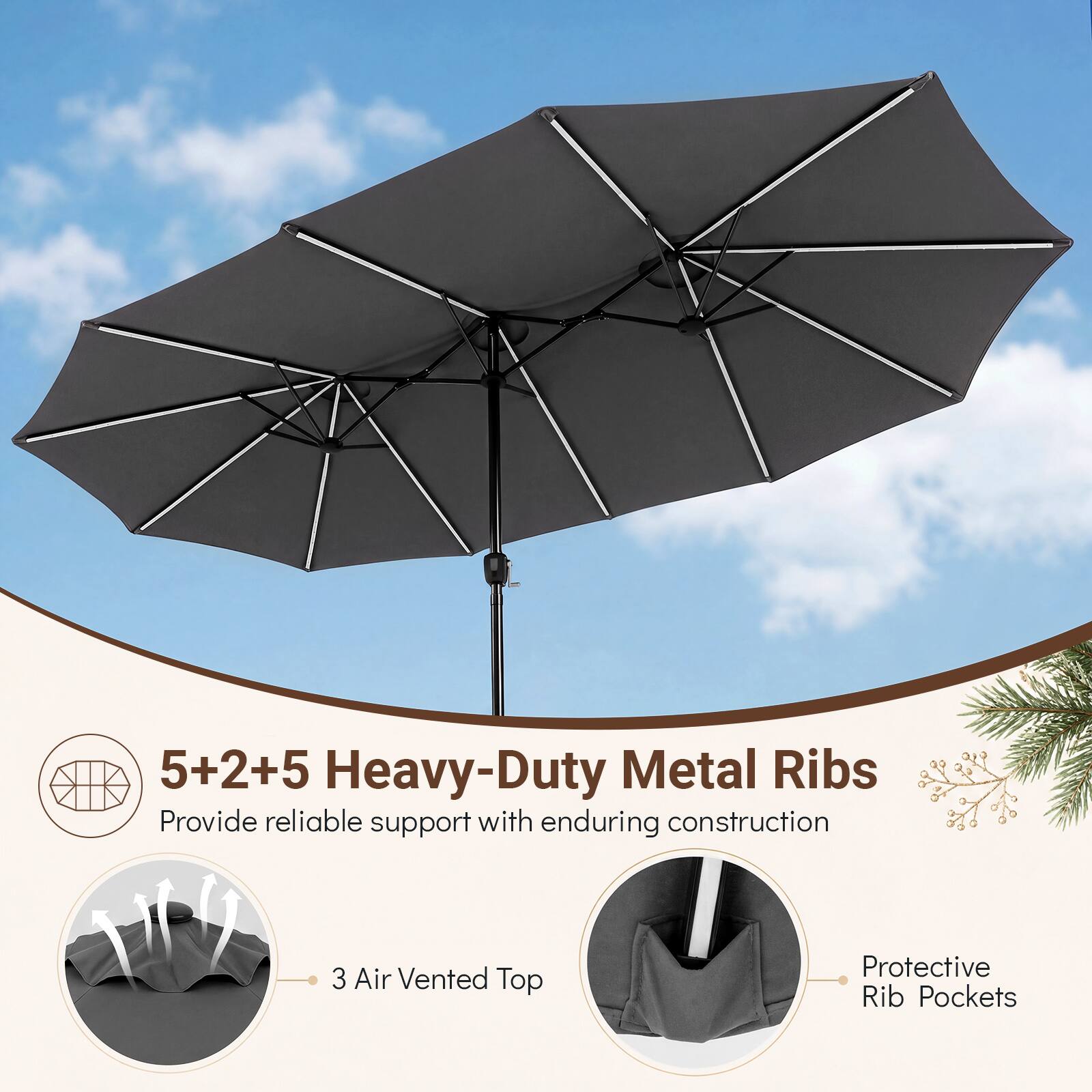 5+2+5 Heavy-Duty Metal Ribs Provide reliable support with enduring construction  
3 Air Vented Top  
Protective Rib Pockets