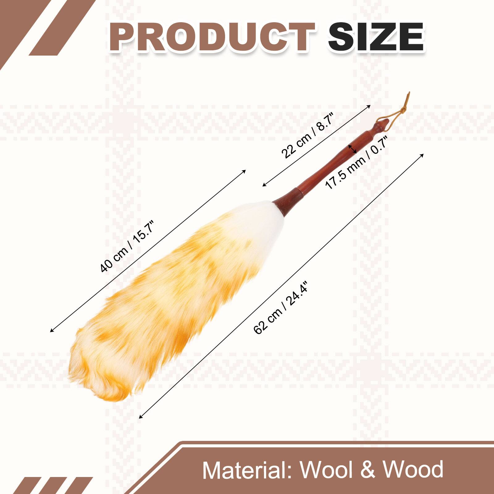 PRODUCT SIZE  
- 22 cm / 8.7"  
- 17.5 mm / 0.7"  
- 40 cm / 15.7"  
- 62 cm / 24.4"  

Material: Wool & Wood