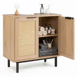 Costway - Under Sink Storage Cabinet with U-Shaped Cut-Out 2 Rattan Doors & Shelf Metal Legs - Natural