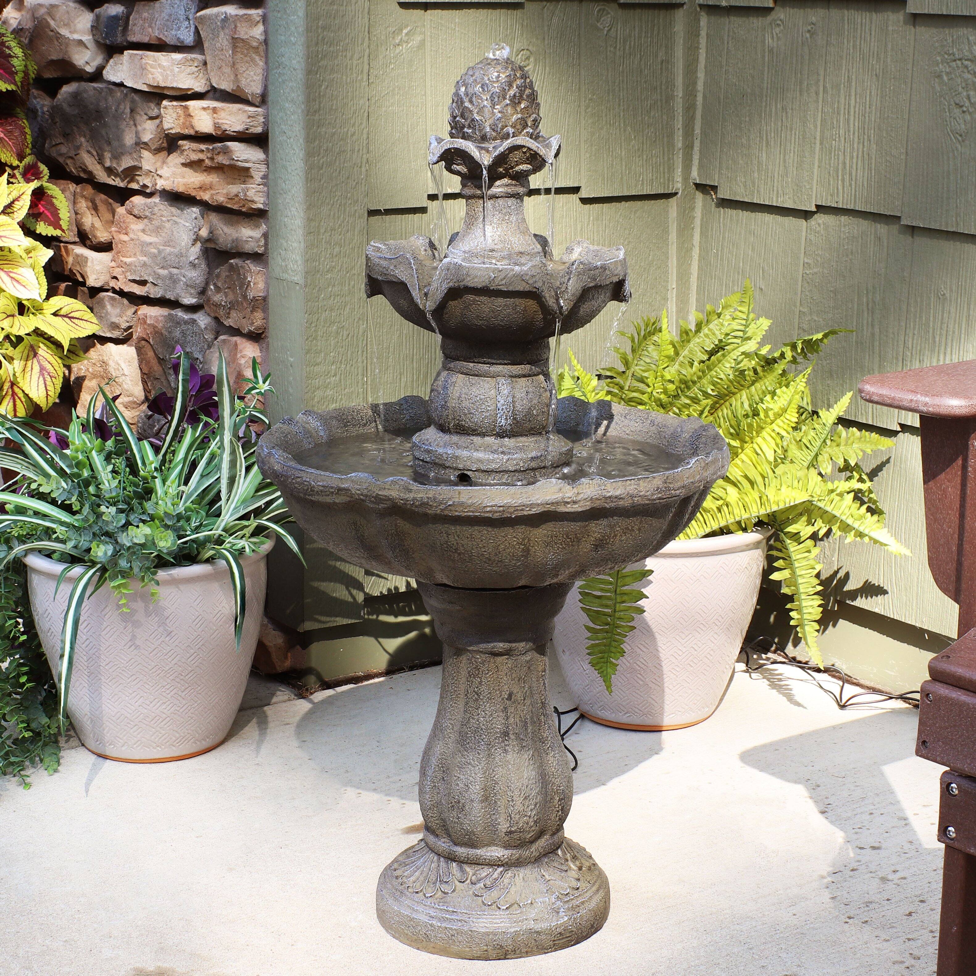 Alt View 3. Sunnydaze - Pineapple Polyresin Outdoor 2-Tier Solar Fountain with Battery - Brown.