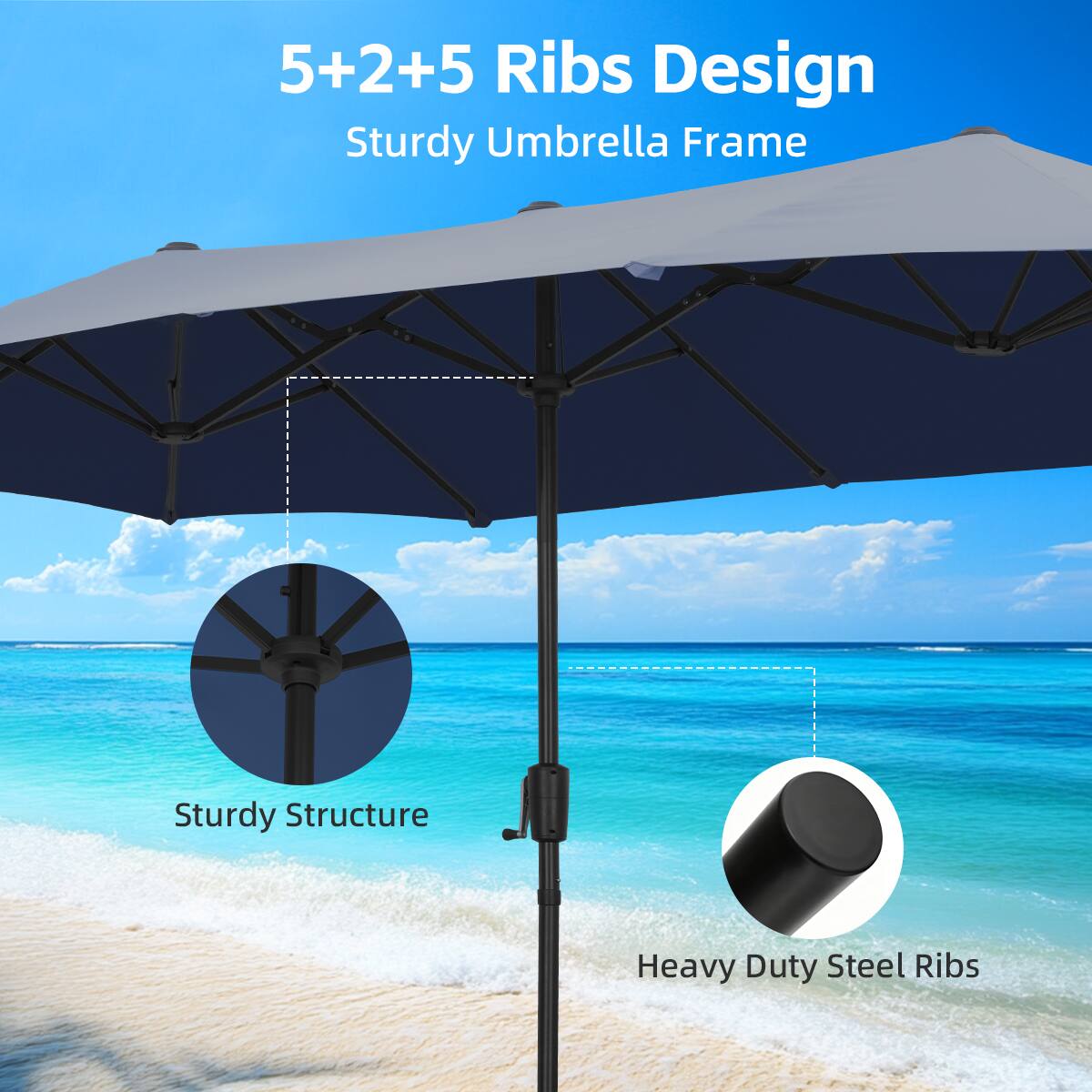 5+2+5 Ribs Design  
Sturdy Umbrella Frame  
Sturdy Structure  
Heavy Duty Steel Ribs