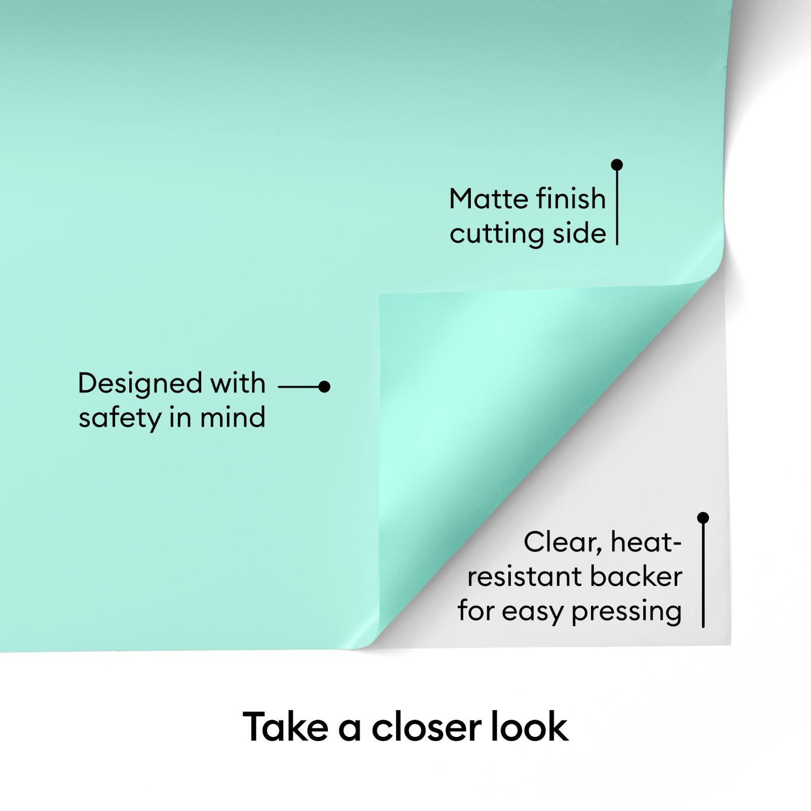 - Matte finish cutting side
- Designed with safety in mind
- Clear, heat-resistant backer for easy pressing

Take a closer look