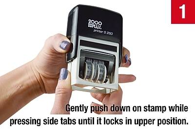 2000 PLUS  
printer S 260  

1  
Gently push down on stamp while pressing side tabs until it locks in upper position.
