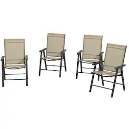 Outsunny - of 4 Outdoor Folding Chairs, Stackable Patio Dining Chairs with Armrests, Metal Frame - Light Mixed Brown