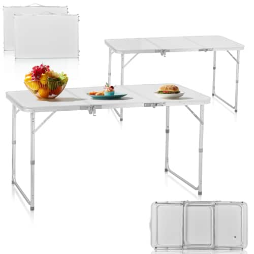 Winado - 4FT Portable Camping Folding Table, Aluminum Table with Adjustable Height, 3 Fold Lightweight for Indoor Outdoor Party - White
