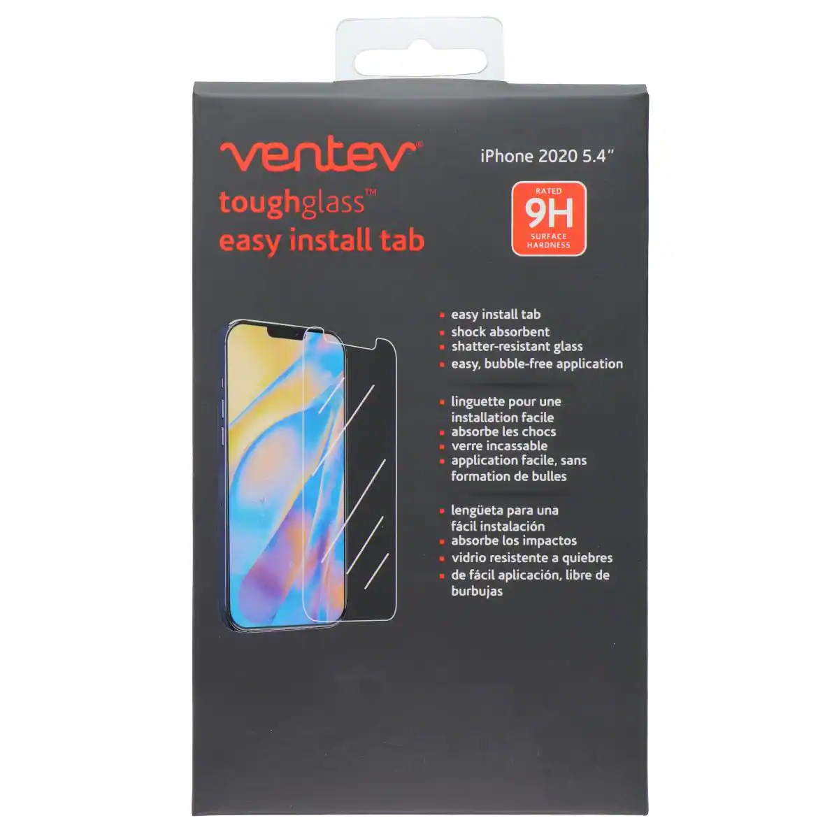 ventev iPhone 2020 5.4" RATED toughglass 9H install tab SURFACE HARDNESS easy install tab shock absorbent shatter-resistant glass easy, bubble-free application linguette pour une installation facile absorbe les chocs verre incassable application facile, sans formation de bulles lengeta para una fácil instalación absorbe los impactos vidrio resistente a quiebres de fácil aplicación, libre de burbujas
