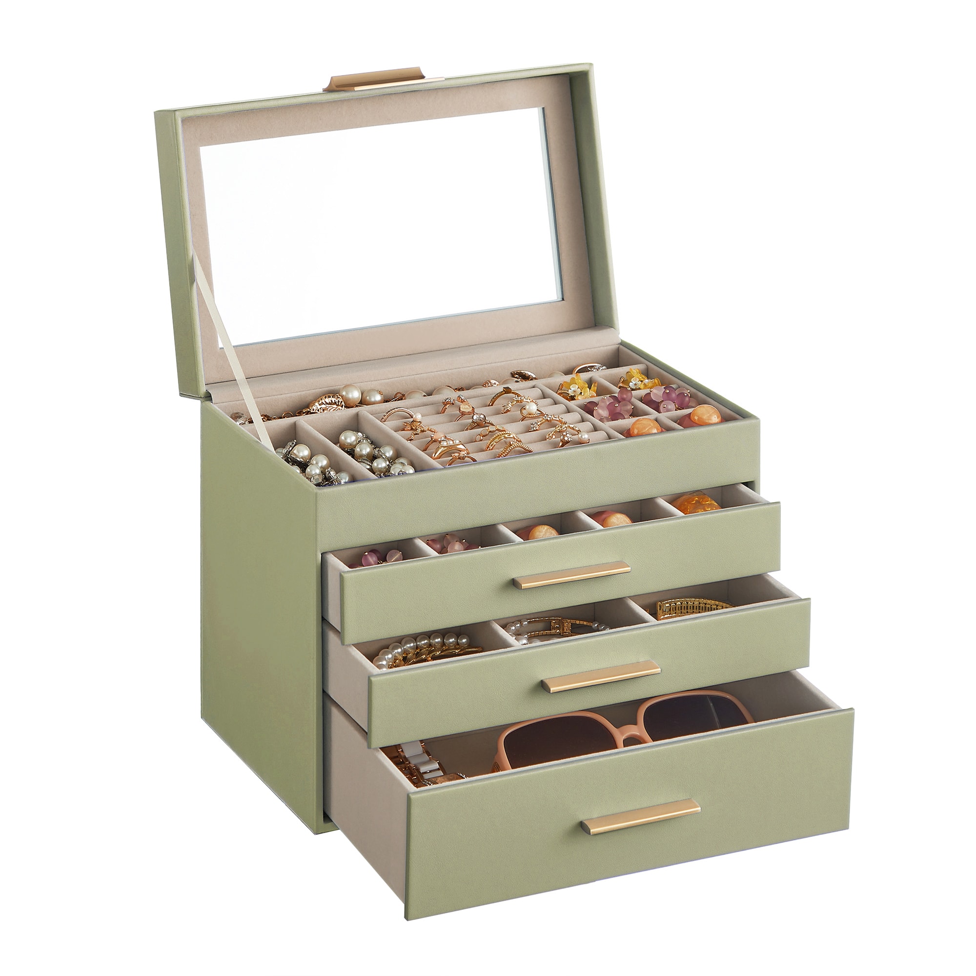 Songmics Home - Jewelry Box with Glass Lid, 4-Layer Jewelry Organizer, 3 Drawers, for Sunglasses, Big Jewelry, Jewelry Storage - Sage Green and Gold