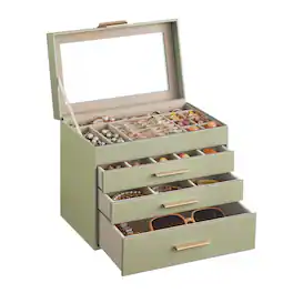 Songmics Home - Jewelry Box with Glass Lid, 4-Layer Jewelry Organizer, 3 Drawers, for Sunglasses, Big Jewelry, Jewelry Storage - Sage Green and Gold