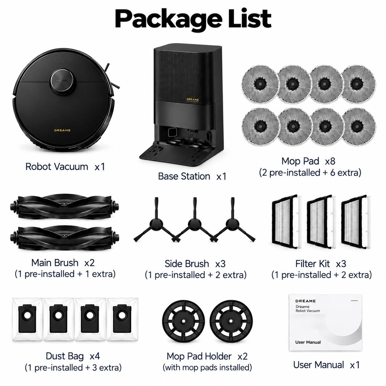 Package List

- DREAME
- DREAME
- DREAME
- Robot Vacuum x1
- Base Station x1
- Mop Pad x8 (2 pre-installed + 6 extra)
- Main Brush x2 (1 pre-installed + 1 extra)
- Side Brush x3 (1 pre-installed + 2 extra)
- Filter Kit x3 (1 pre-installed + 2 extra)
- Dust Bag x4 (1 pre-installed + 3 extra)
- Mop Pad Holder x2 (with mop pads installed)
- User Manual x1