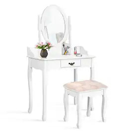 Ecooso - Wooden Makeup Vanity Table Set with Oval Mirror, Cushioned Stool and Smooth Finish for Bedroom - White