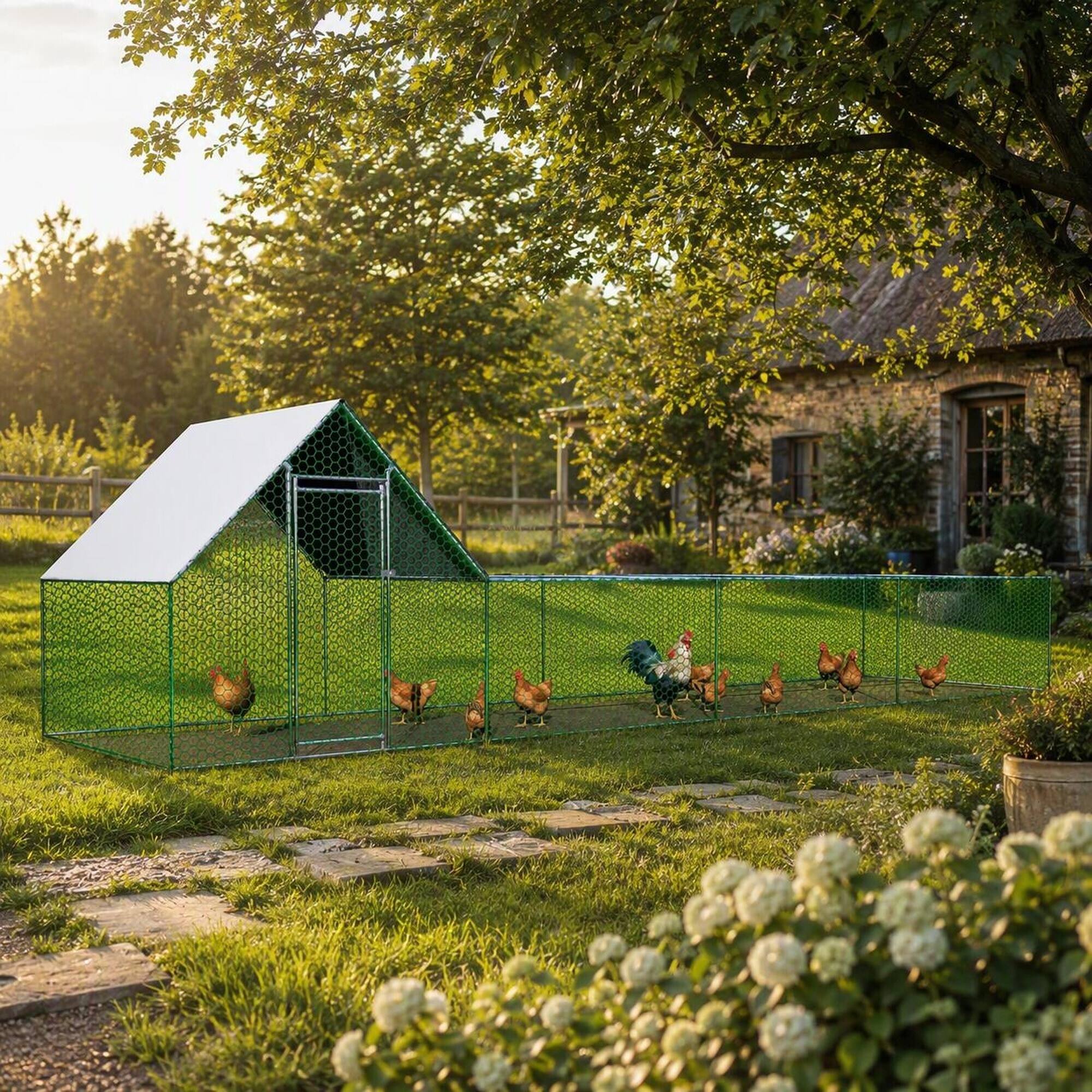 Back. RYHNUYNE - Large Metal Chicken Coop, 26' L x 6.7' W x 6.6' H Walk-in Chicken Run, Galvanized Wire Poultry Pen.