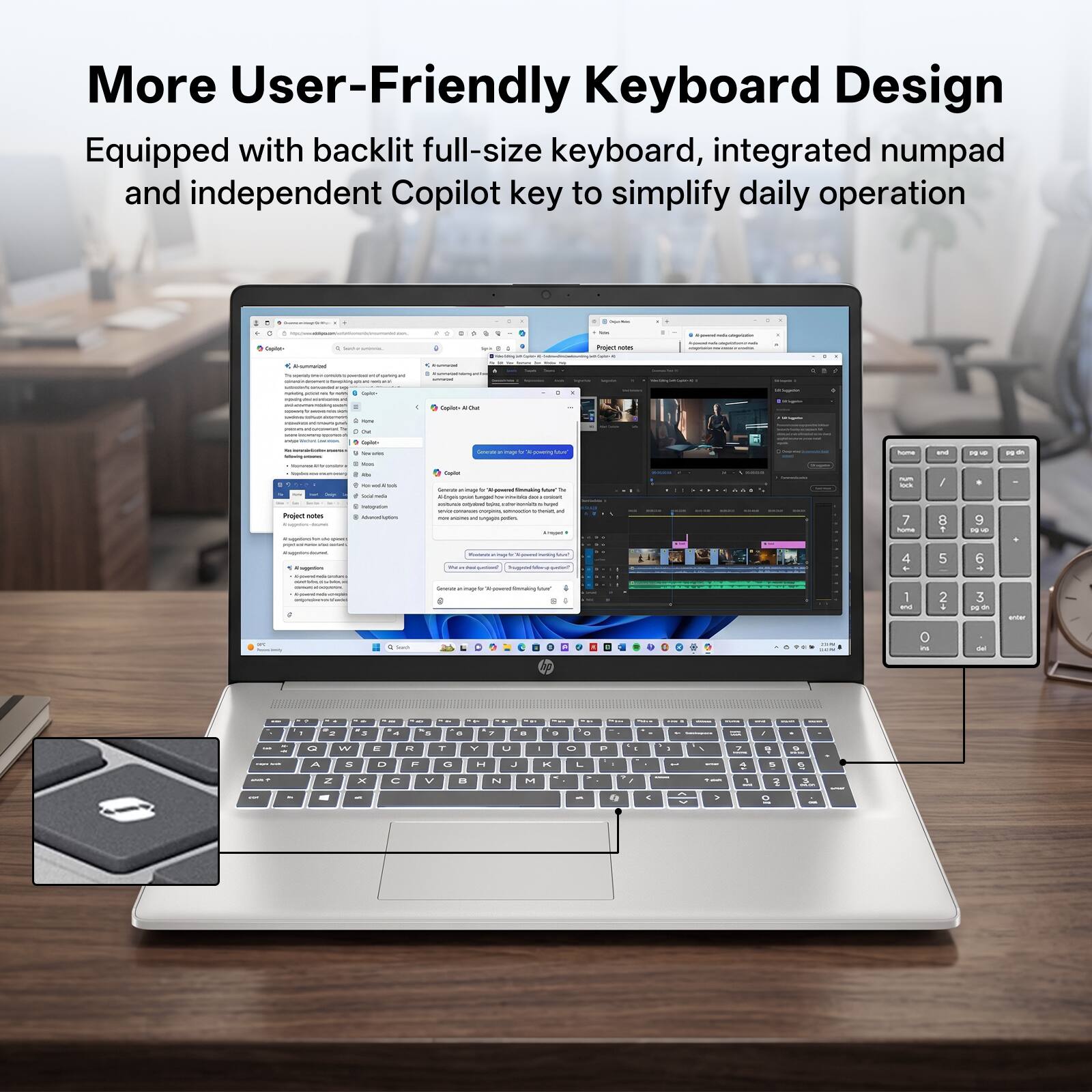 More User-Friendly Keyboard Design  
Equipped with backlit full-size keyboard, integrated numpad and independent Copilot key to simplify daily operation