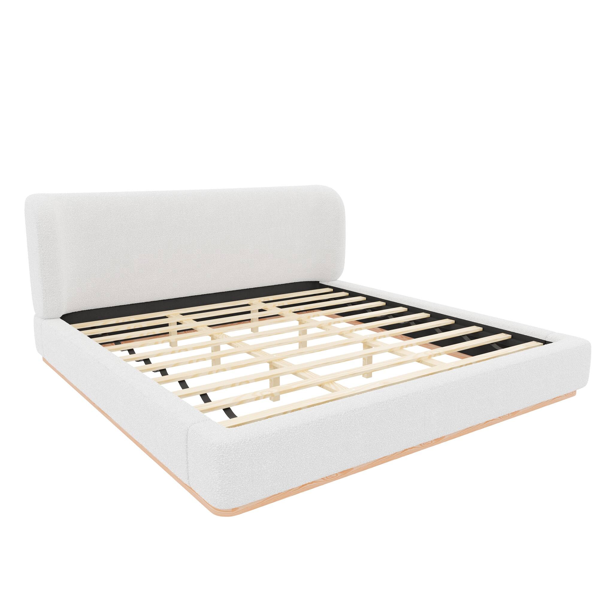 Left. Whisen - King Size Low-Profile Upholstered Platform Bed, Boucle Fabric Modern Bed Frame with Curved Headboard - White.