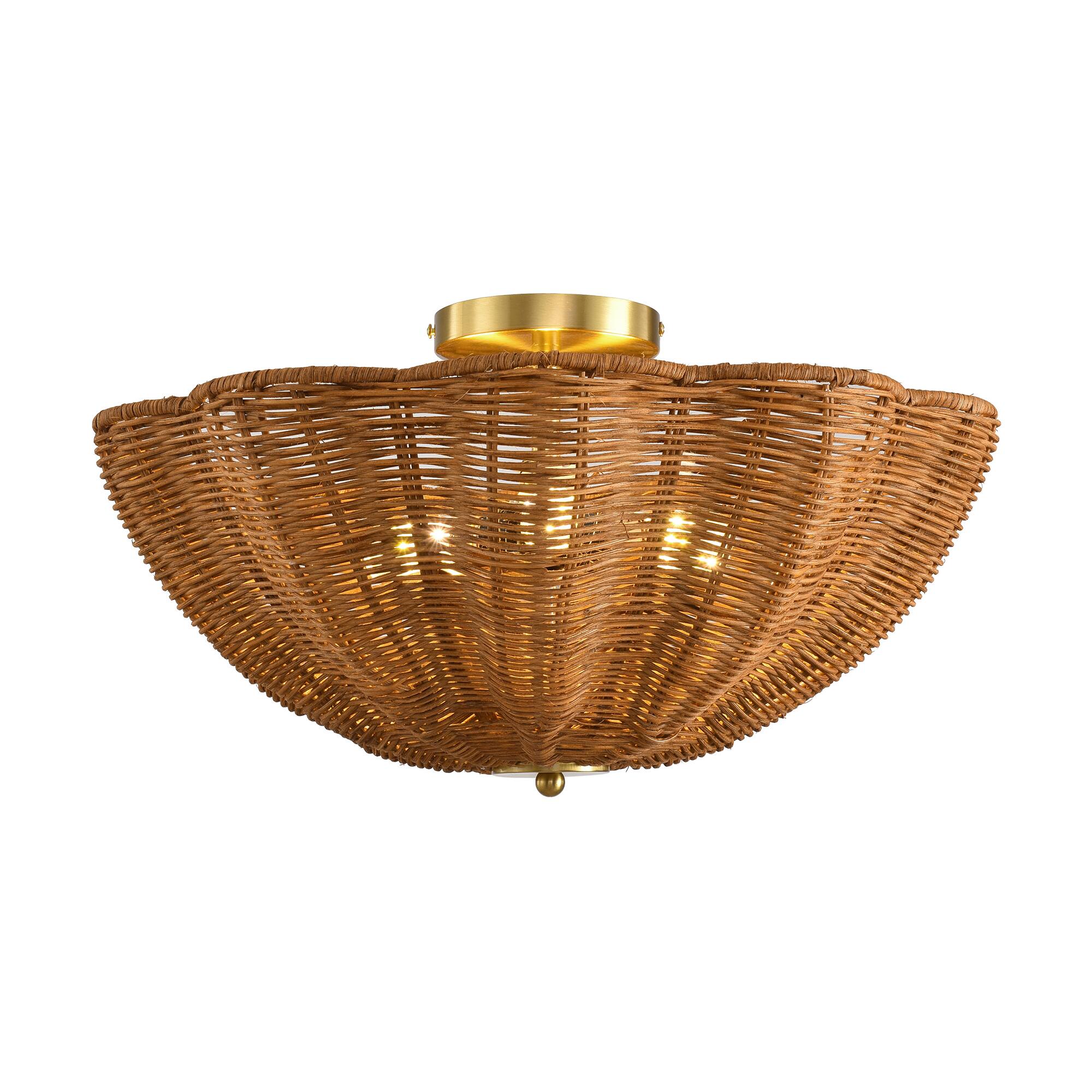 Alt View 4. Parrot Uncle - 15 Inch Boho Scalloped Rattan Flush Mount Ceiling Light 3 Light Wicker Fixture - Natural.