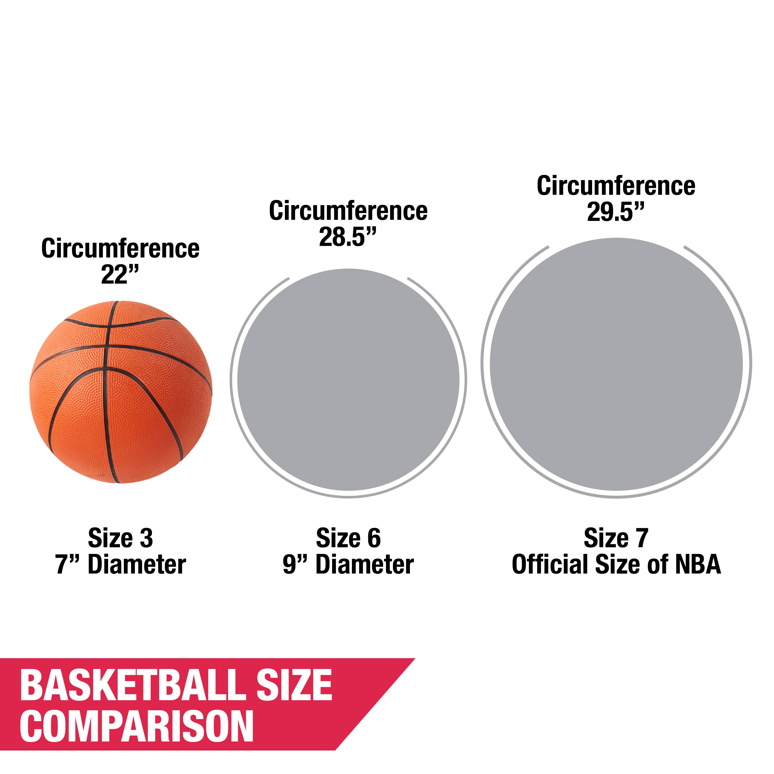 Circumference: 28.5" Circumference: 22" Circumference: 29.5" Size: 3 (7" Diameter) Size: 6 (9" Diameter) Size: 7 (Official Size of NBA) BASKETBALL SIZE COMPARISON