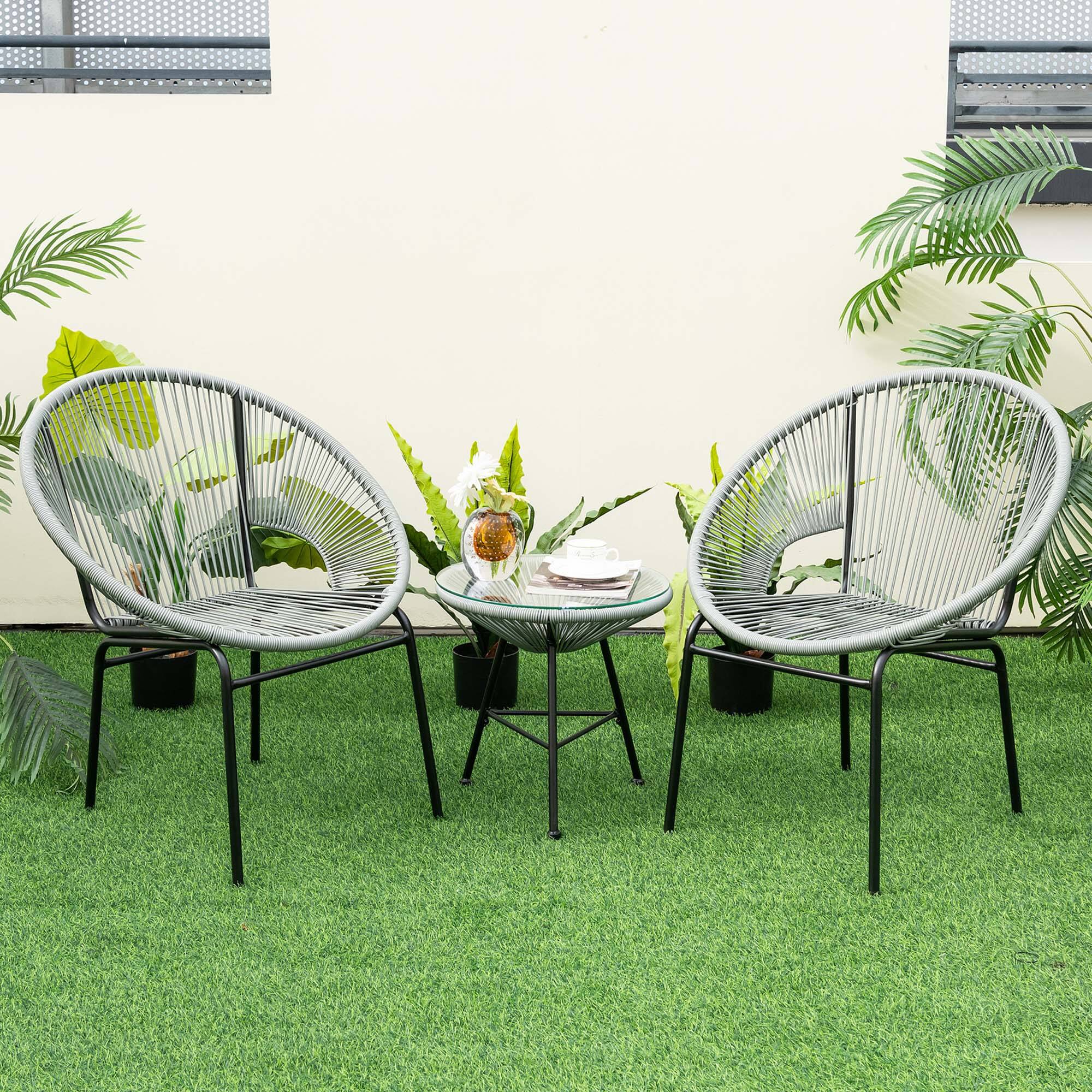 Alt View 2. Costway - Costway 3PCS Patio Acapulco Furniture Bistro Set Plastic Rope Glass Table Grey - Grey.