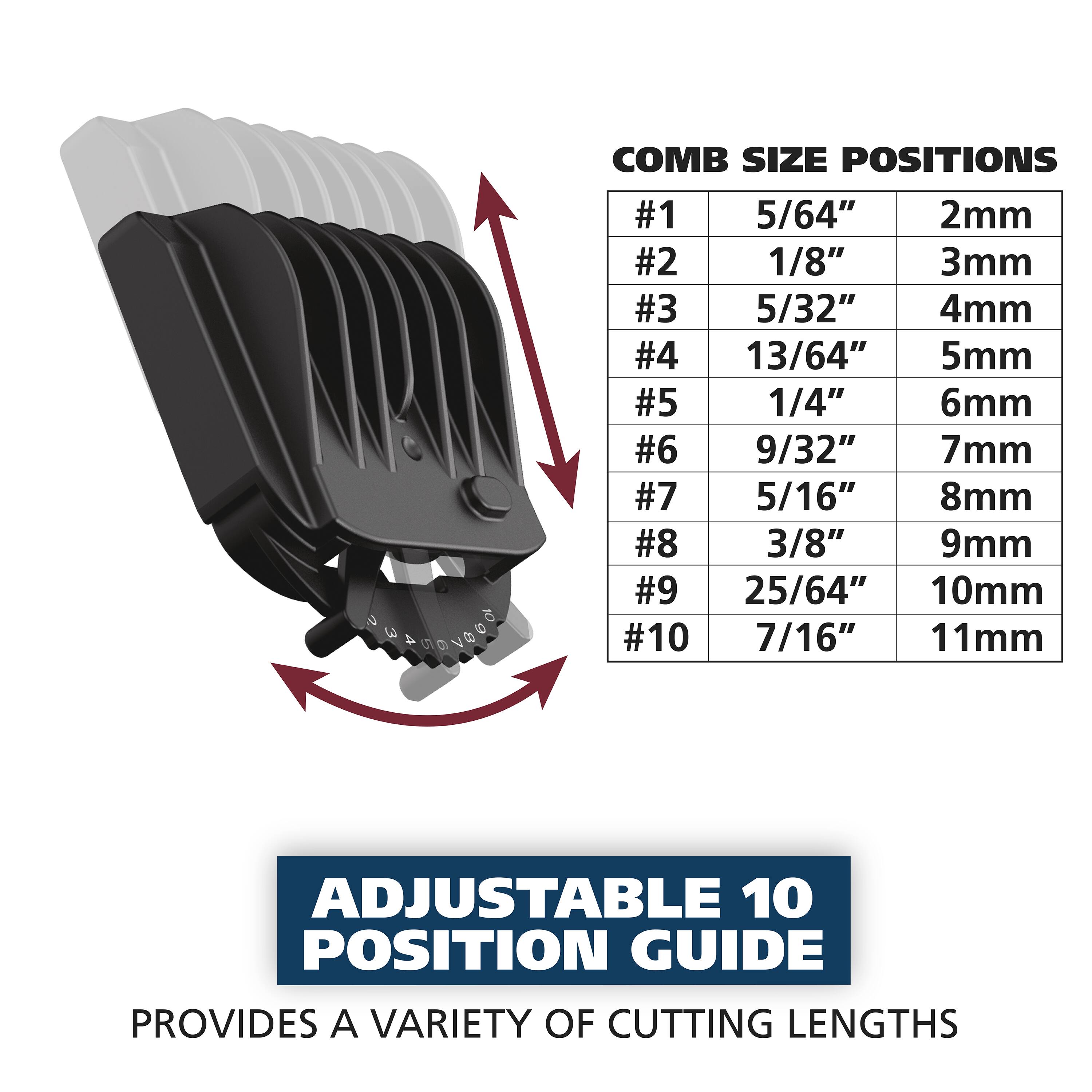 The image features an adjustable 10 position guide that provides a variety of cutting lengths. The guide is designed to work with comb size positions, which are indicated by the numbers 1 to 10. The chart shows the corresponding measurements for each position, ranging from 5/64" to 25/64" (2mm to 10mm). This guide is helpful for those who need to adjust their cutting lengths according to their specific needs.