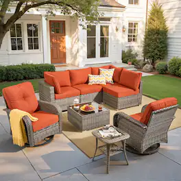 Ovios - 8 PCS Patio Furniture Sofa Set Wicker Sofa Couch with Swivel Chair, Coffee Table & Side Table - Orange Red