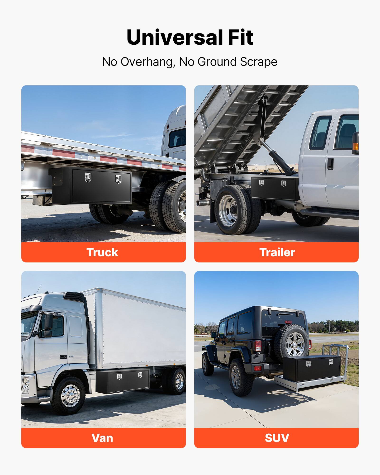 Universal Fit  
No Overhang, No Ground Scrape  

Truck  
Trailer  
Van  
SUV