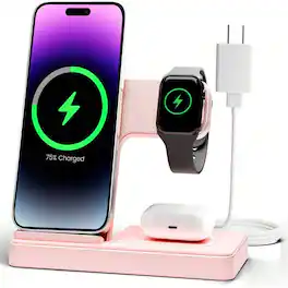 SKRAN - 3-In-1 Wireless Charger Charging Station - 3 In 1 Charger Stand for Apple iPhone, Watch 10 SE Ultra Series, AirPods - Baby Pink