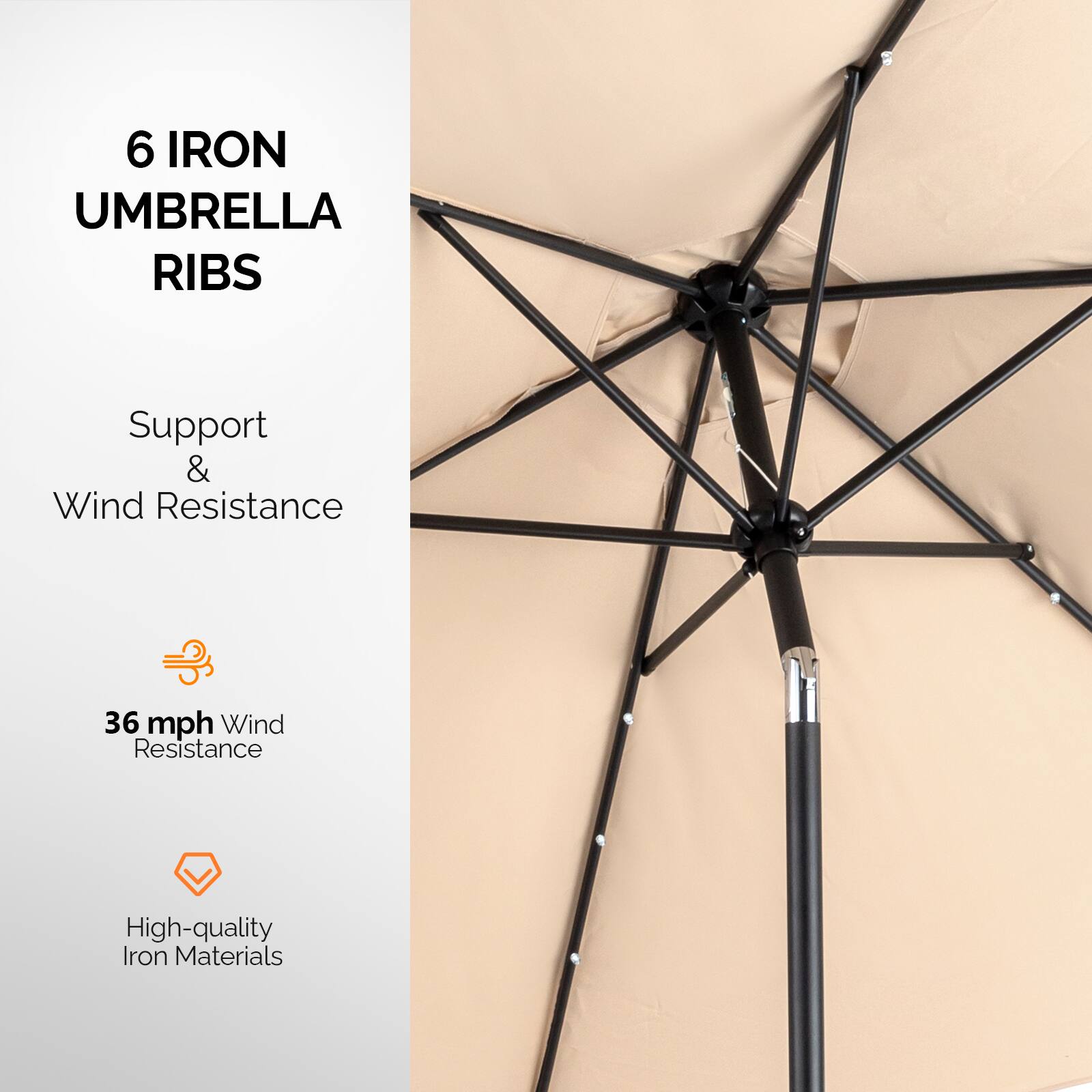 6 IRON UMBRELLA RIBS  
Support & Wind Resistance  
36 mph Wind Resistance  
High-quality Iron Materials