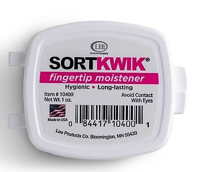 Sure, here is the corrected and grouped text from the image:

---

**LEE Products Co.**

**SORTKWIK®**  
fingertip moistener

**Hygienic • Long-lasting**

**Item # 10400**  
Net Wt. 1 oz.

**Avoid Contact With Eyes**

Made in USA

**Lee Products Co., Bloomington, MN 55420**

**0 84417 10400**

---