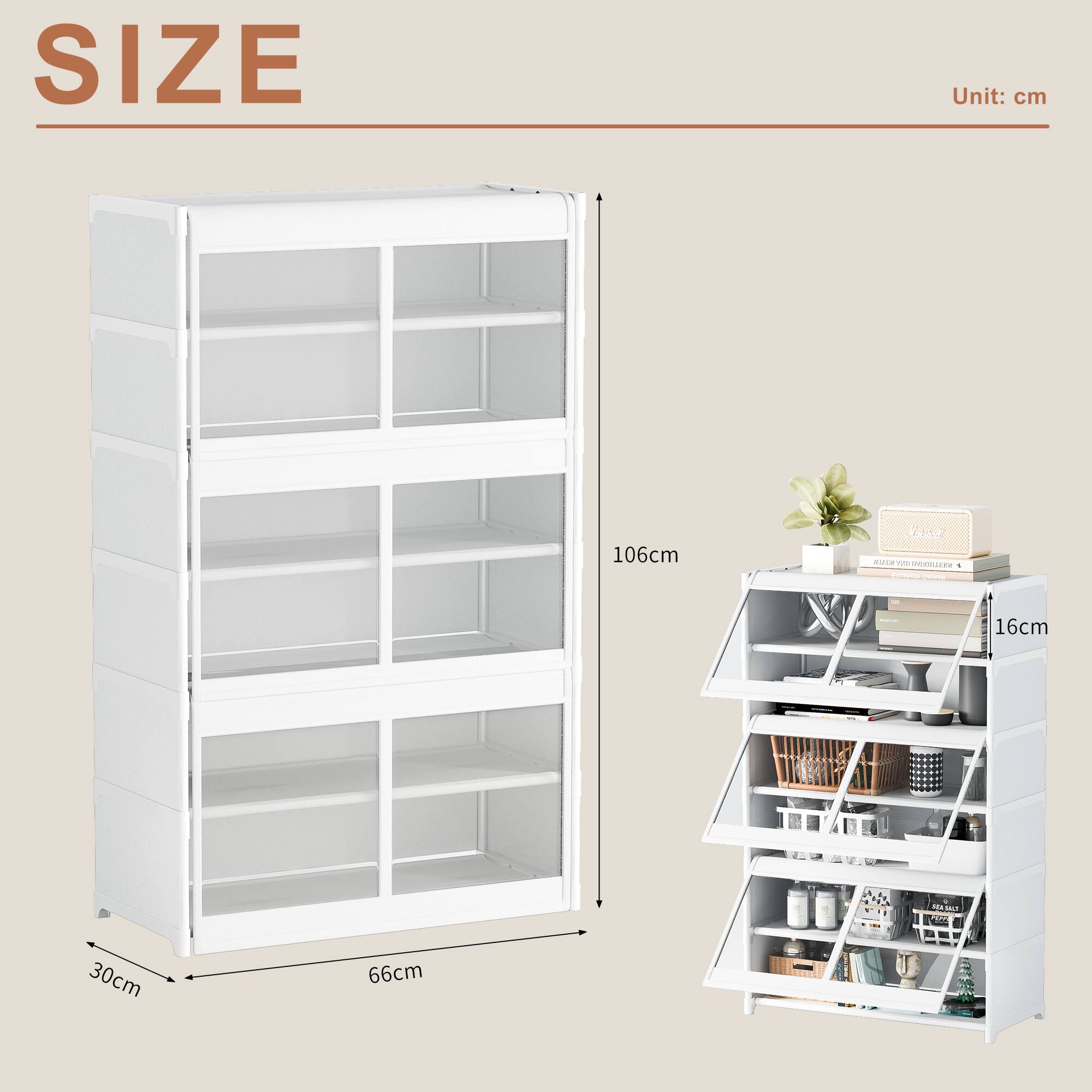 SIZE  
Unit: cm  

- Height: 106cm  
- Width: 66cm  
- Depth: 30cm  
- Shelf Depth: 16cm