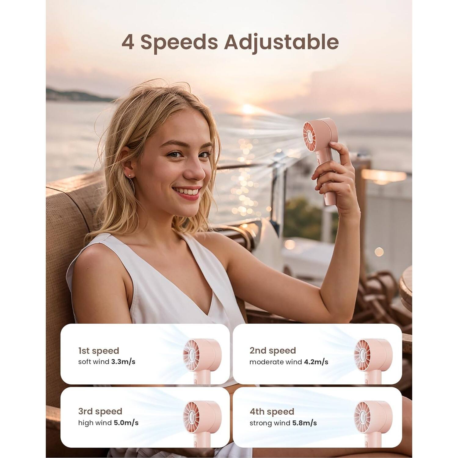 4 Speeds Adjustable

1st speed  
soft wind 3.3m/s

2nd speed  
moderate wind 4.2m/s

3rd speed  
high wind 5.0m/s

4th speed  
strong wind 5.8m/s