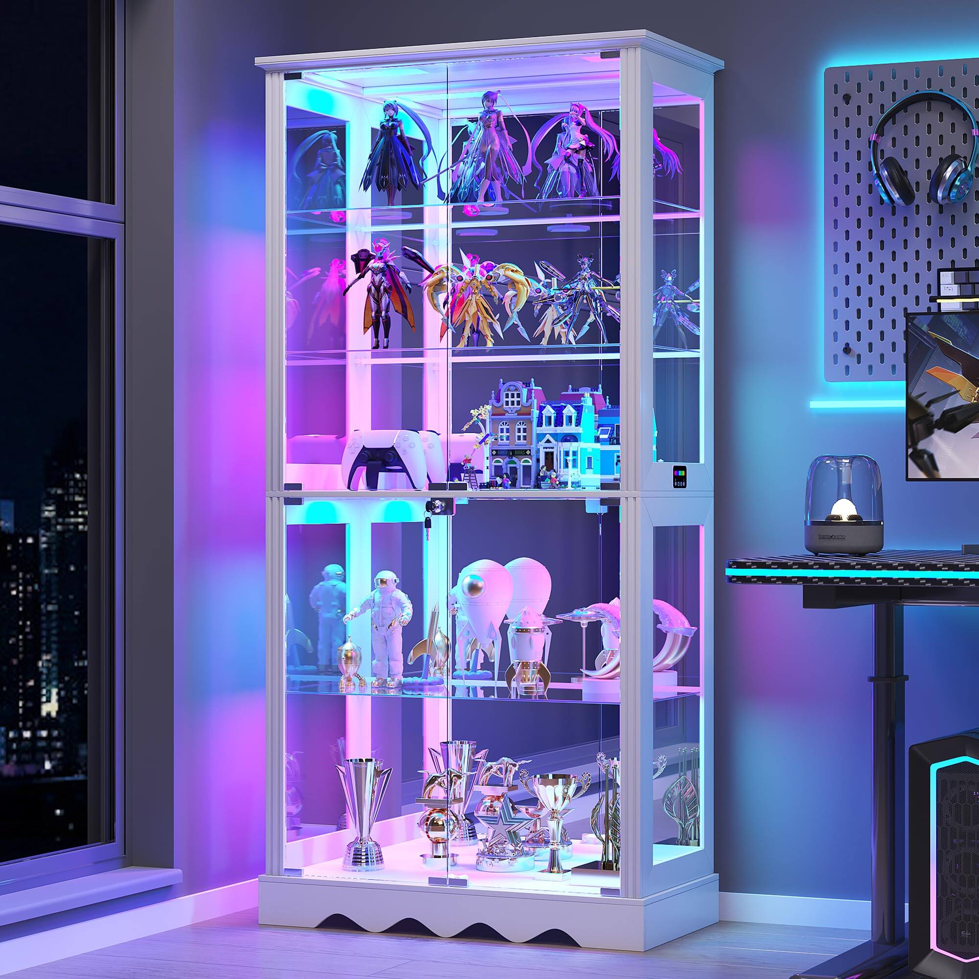 Front. OMOMMD - 71" RGB Glass Display Cabinet, 5-Tier Pop-Up Tempered Glass Doors, Motion Sensor LED - B White.
