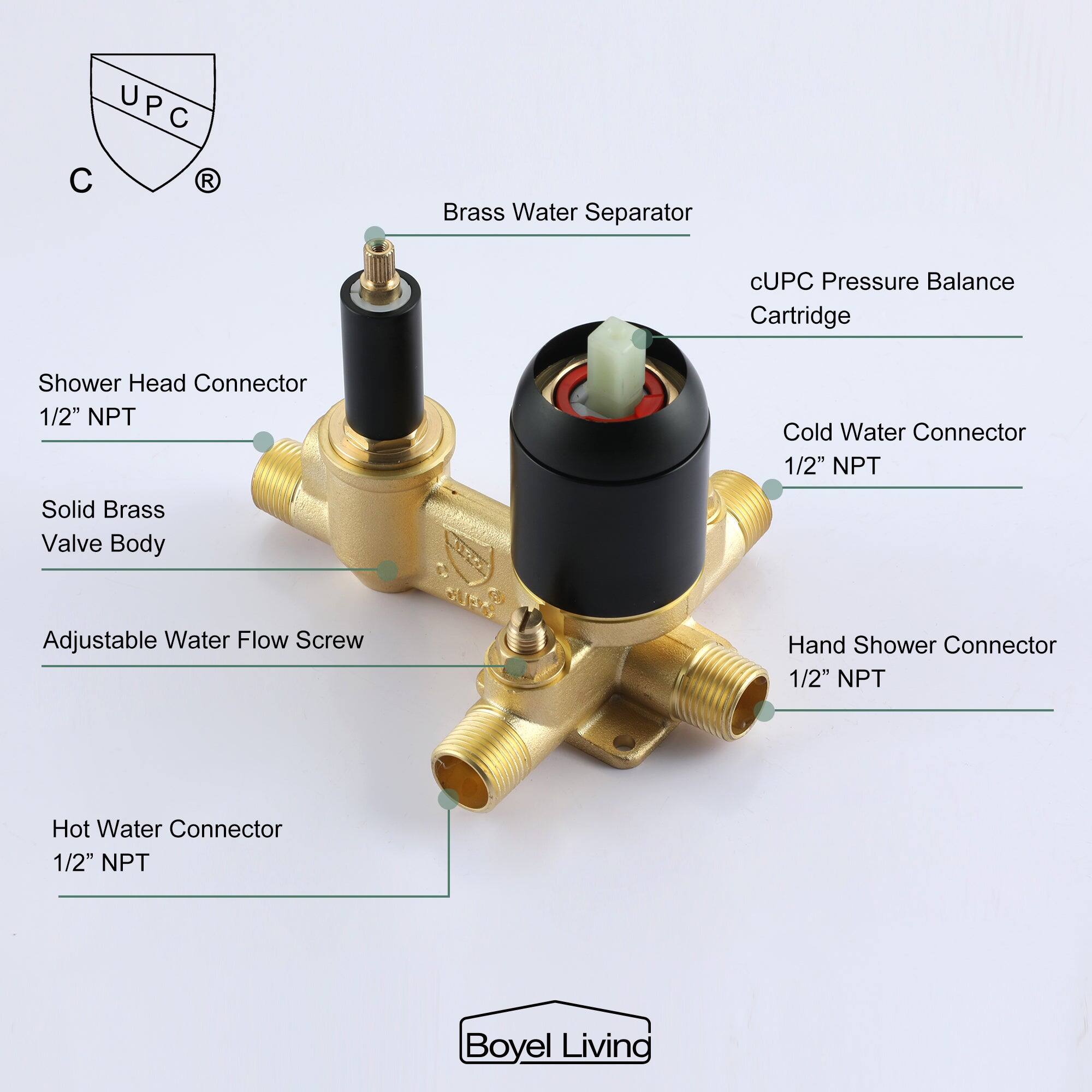 UPC R, Brass Water Separator, cUPC Pressure Balance Cartridge, Shower Head Connector 1/2" NPT, Cold Water Connector 1/2" NPT, Solid Brass Valve Body, Adjustable Water Flow Screw, Hand Shower Connector 1/2" NPT, Hot Water Connector 1/2" NPT, Boyel Livind