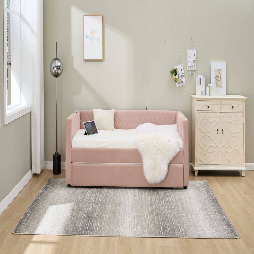 Alt View 4. Kadyn - Velvet Daybed with Sturdy Wood Frame, Modern Diamond Grid Pull-Out Design for Bedroom Living Room - Pink.