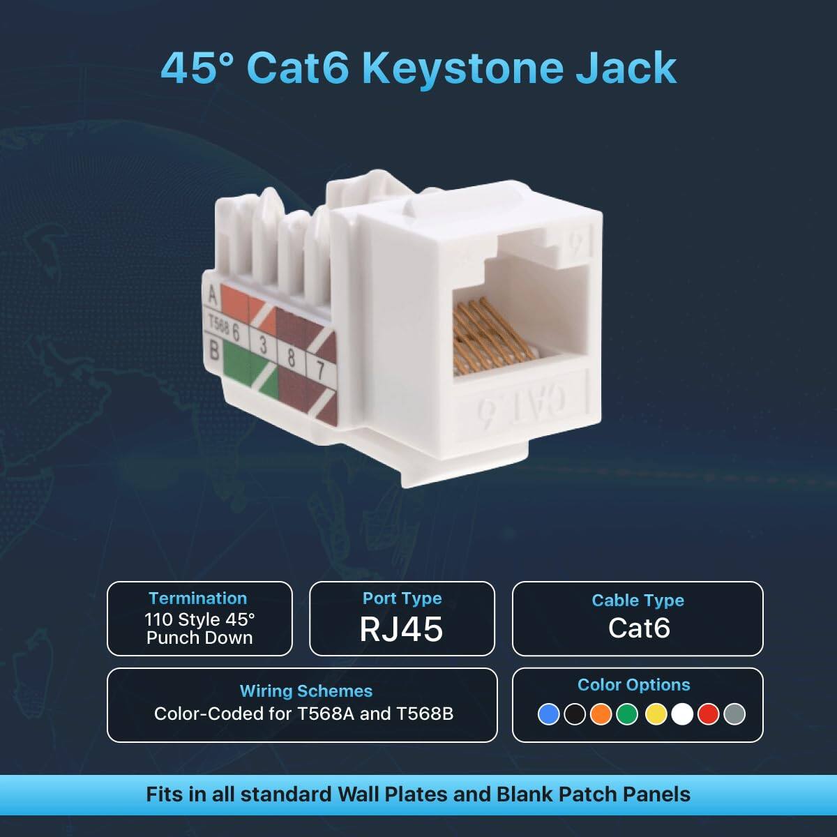 45° Cat6 Keystone Jack

- Termination: 110 Style 45° Punch Down
- Port Type: RJ45
- Cable Type: Cat6
- Wiring Schemes: Color-Coded for T568A and T568B
- Color Options: [Color options available]
- Fits in all standard Wall Plates and Blank Patch Panels