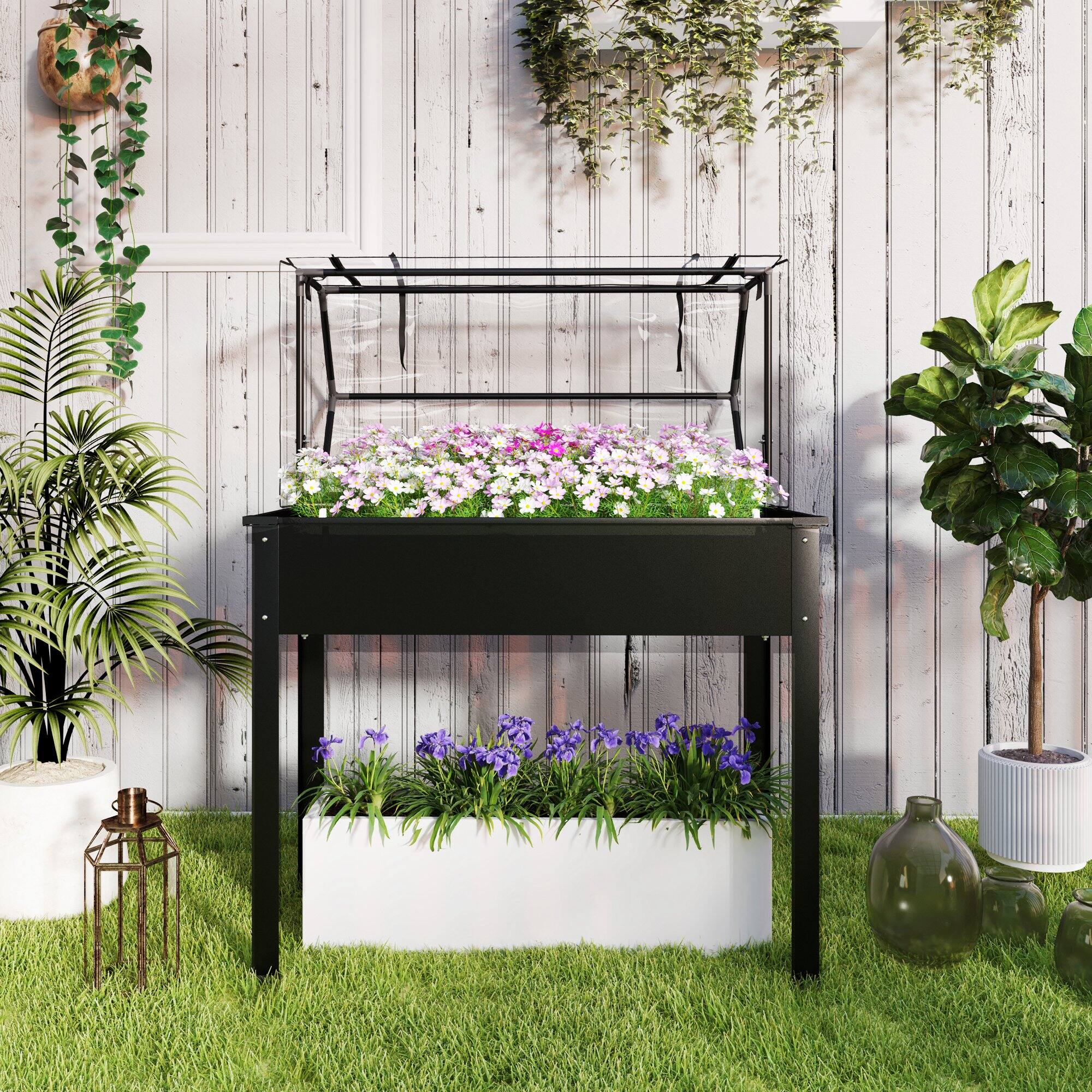 Alt View 7. Outsunny - Garden Box with Greenhouse Cover - Black.