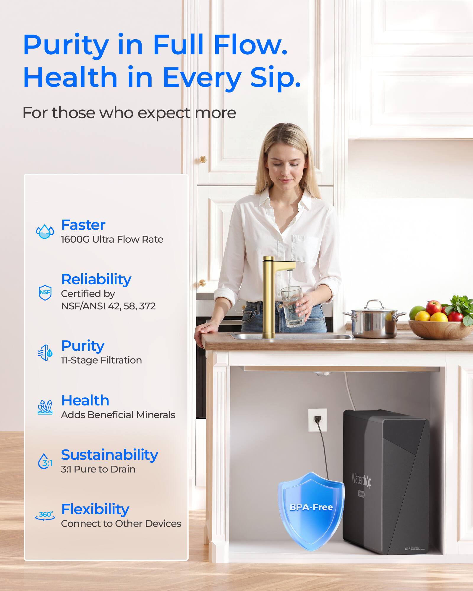 Purity in Full Flow.  
Health in Every Sip.  
For those who expect more

- Faster  
  1600G Ultra Flow Rate

- Reliability  
  NSF Certified by NSF/ANSI 42, 58, 372

- Purity  
  11-Stage Filtration

- Health  
  Adds Beneficial Minerals

- Sustainability  
  3:1 Pure to Drain

- Flexibility  
  360° Connect to Other Devices

- BPA-Free