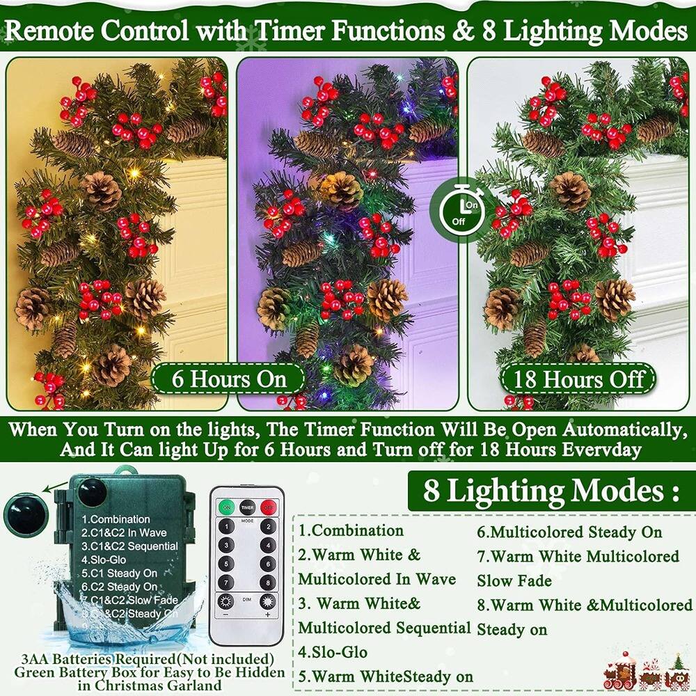 Remote Control with Timer Functions & 8 Lighting Modes

6 Hours On  
18 Hours Off

When You Turn on the lights, The Timer Function Will Be Open Automatically, And It Can light Up for 6 Hours and Turn off for 18 Hours Everyday

8 Lighting Modes:

1. Combination  
2. C1&C2 In Wave  
3. C1&C2 Sequential  
4. Slo-Glo  
5. C1 Steady On  
6. C2 Steady On  
7. C1&C2 Slow Fade  
8. C2 Steady On  

1. Combination  
2. Warm White & Multicolored In Wave  
3. Warm White Steady on  
4. Multicolored Sequential Steady on  
5. Slo-Glo  
6. Multicolored Steady On  
7. Warm White Multicolored Slow Fade  
8. Warm White & Multicolored  

3AA Batteries Required (Not included)  
Green Battery Box for Easy to Be Hidden in Christmas Garland