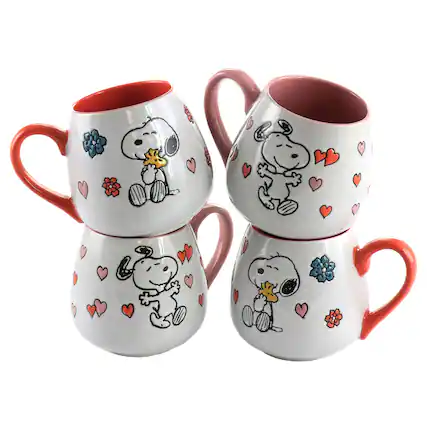 Front. Peanuts - Peanuts 4 Piece 20 Ounce Stoneware Wax Relief Cup Set in 2 Assorted Designs - Assorted.