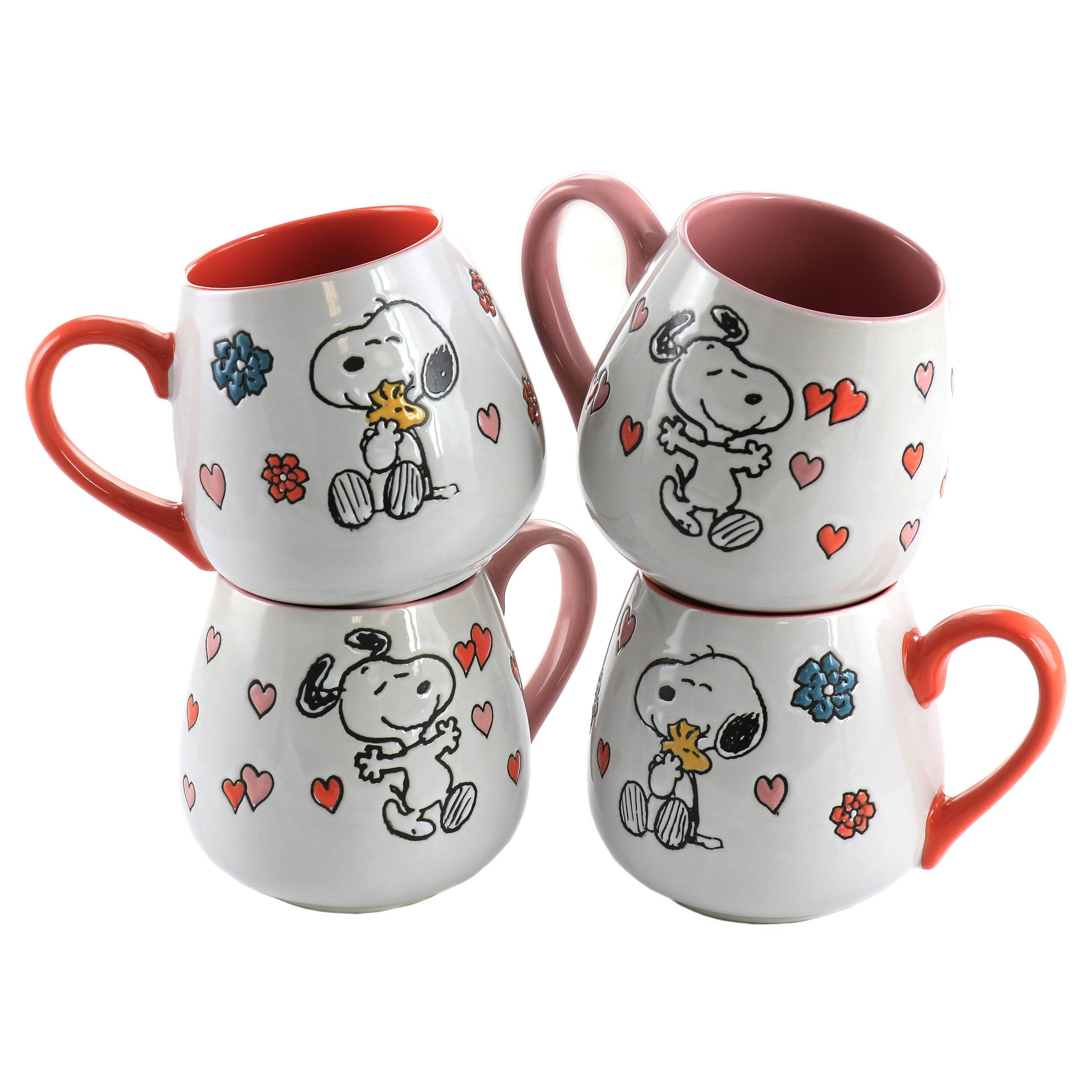 Front. Peanuts - Peanuts 4 Piece 20 Ounce Stoneware Wax Relief Cup Set in 2 Assorted Designs - Assorted.