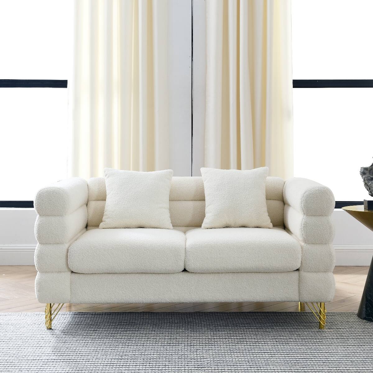 Front. Ropilly - Ropilly 60 Inch 2 Seater Sectional Sofa, Deep Seating Fabric Sofa with Curved Arms and 2 Pillows, Ivory - Ivory.