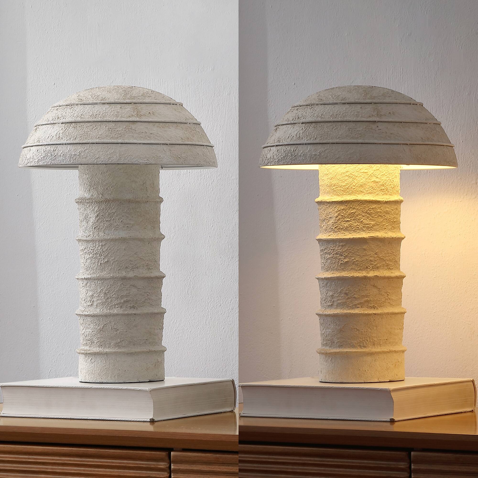 Alt View 6. Jonathan Y - Cremini 17.5 in. Modern Minimalist Plaster-Look Ribbed Mushroom Resin Cylinder LED Table Lamp, Cream (Set of 2) - Cream.