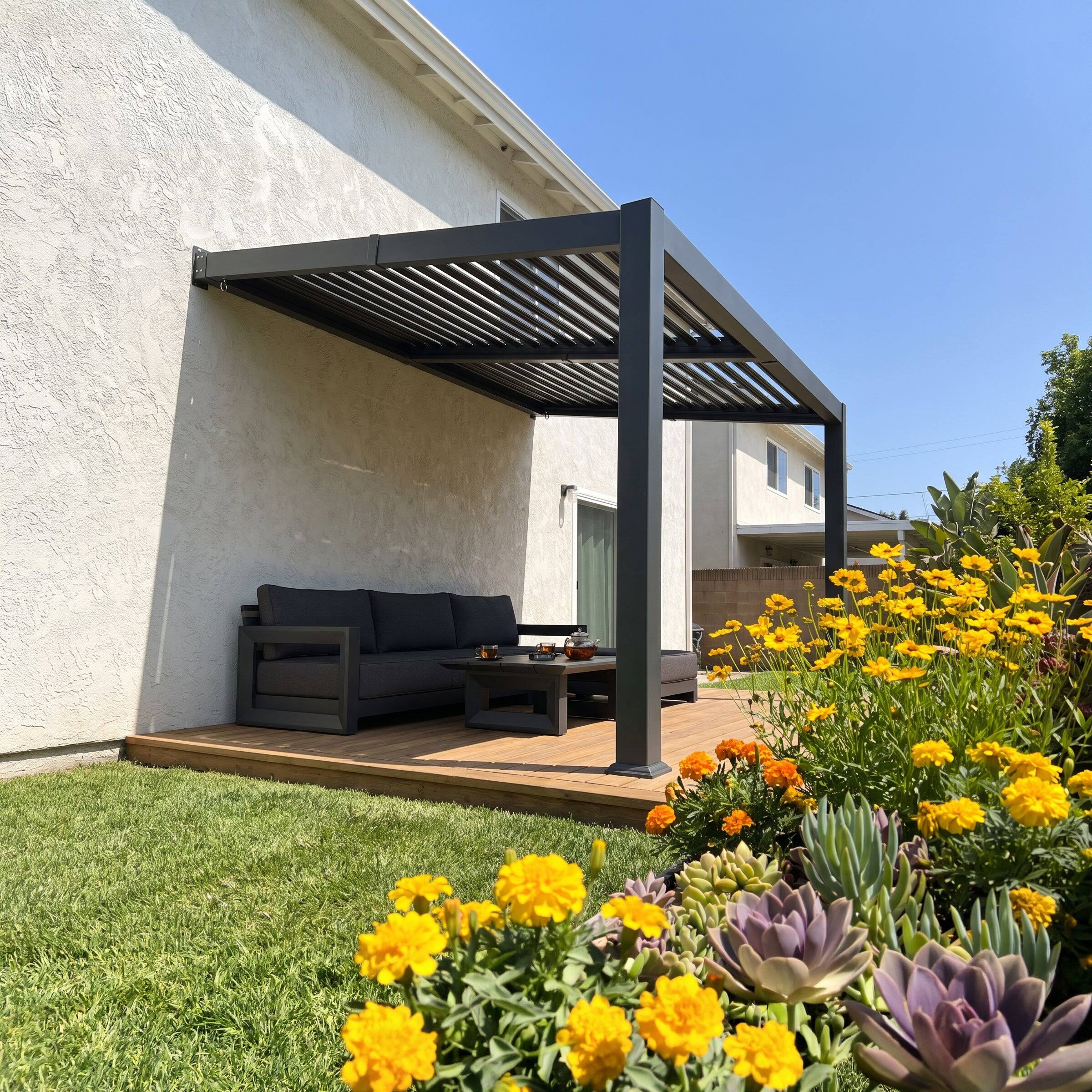 Angle. PURPLE LEAF - 10'×12' Wall Mounted Louvered Pergola Aluminum Frame with Adjustable Roof Hidden Gutter Drainage for Patio Garden Yard - Gray.