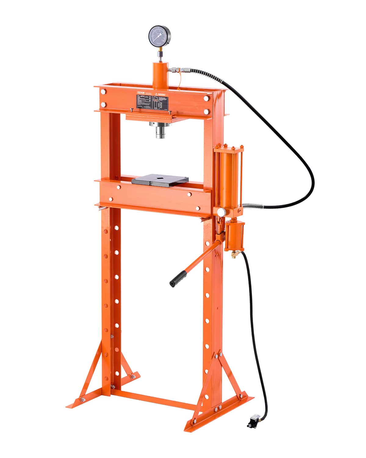 Front. VEVOR - Hydraulic Shop Press, 20 T H-Frame Pneumatic Shop Press with Press Plate, Stable Garage Floor Adjustable Hydraulic Press - Orange.