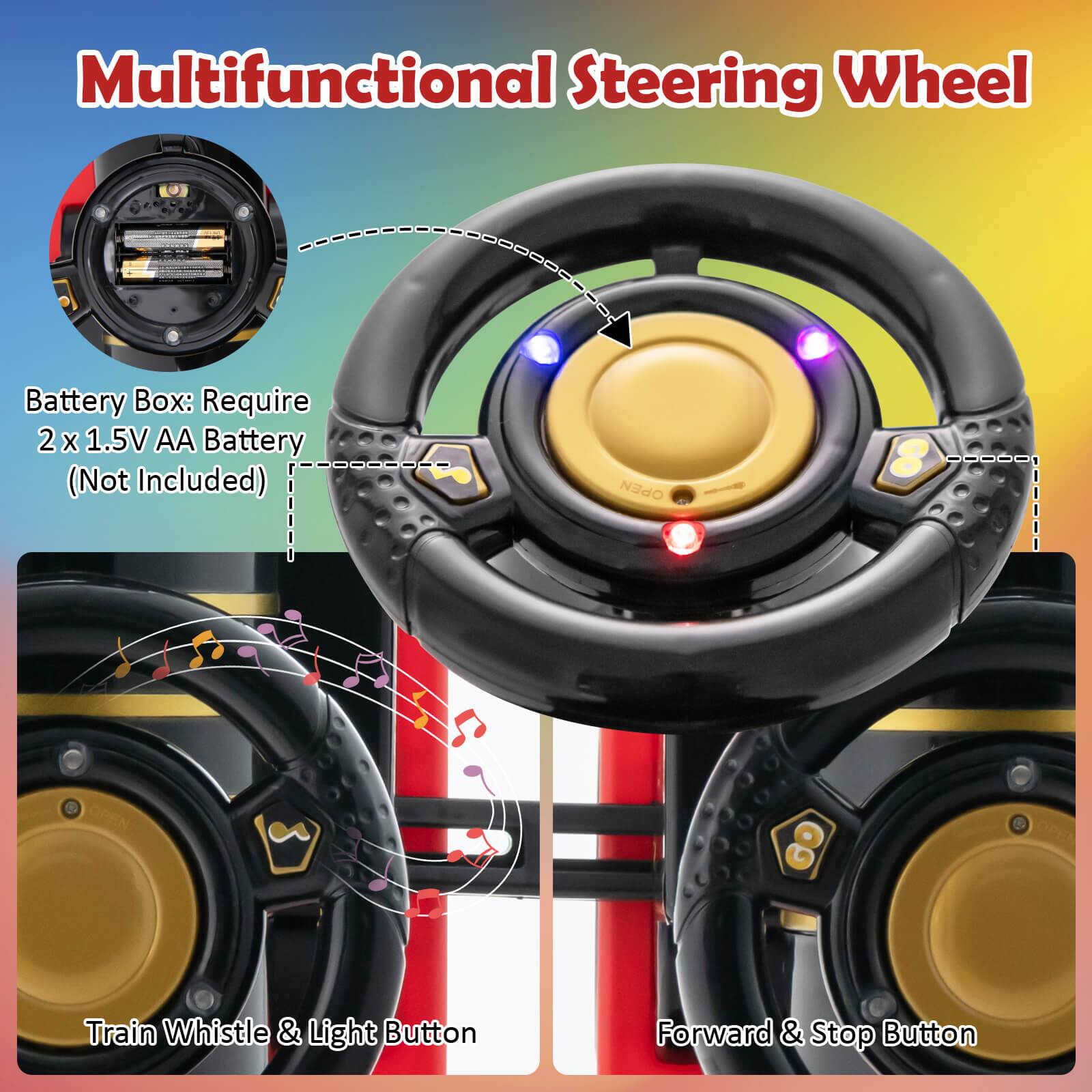 Multifunctional Steering Wheel Battery Box: Requires 2 x 1.5V AA Battery (Not Included)

Open 8 Train Whistle & Light Button: Forward & Stop Button