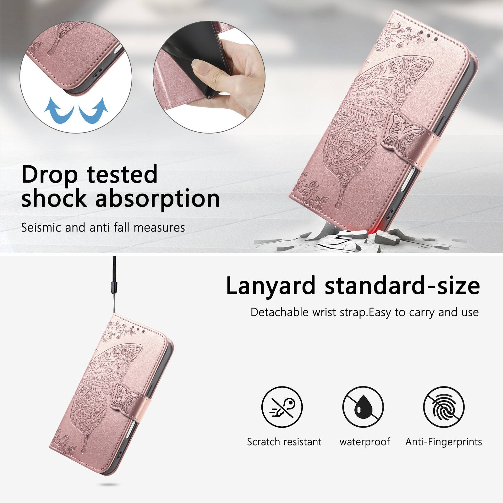 Drop tested shock absorption  
Seismic and anti fall measures  

Lanyard standard-size  
Detachable wrist strap. Easy to carry and use  

Scratch resistant  
Waterproof  
Anti-Fingerprints