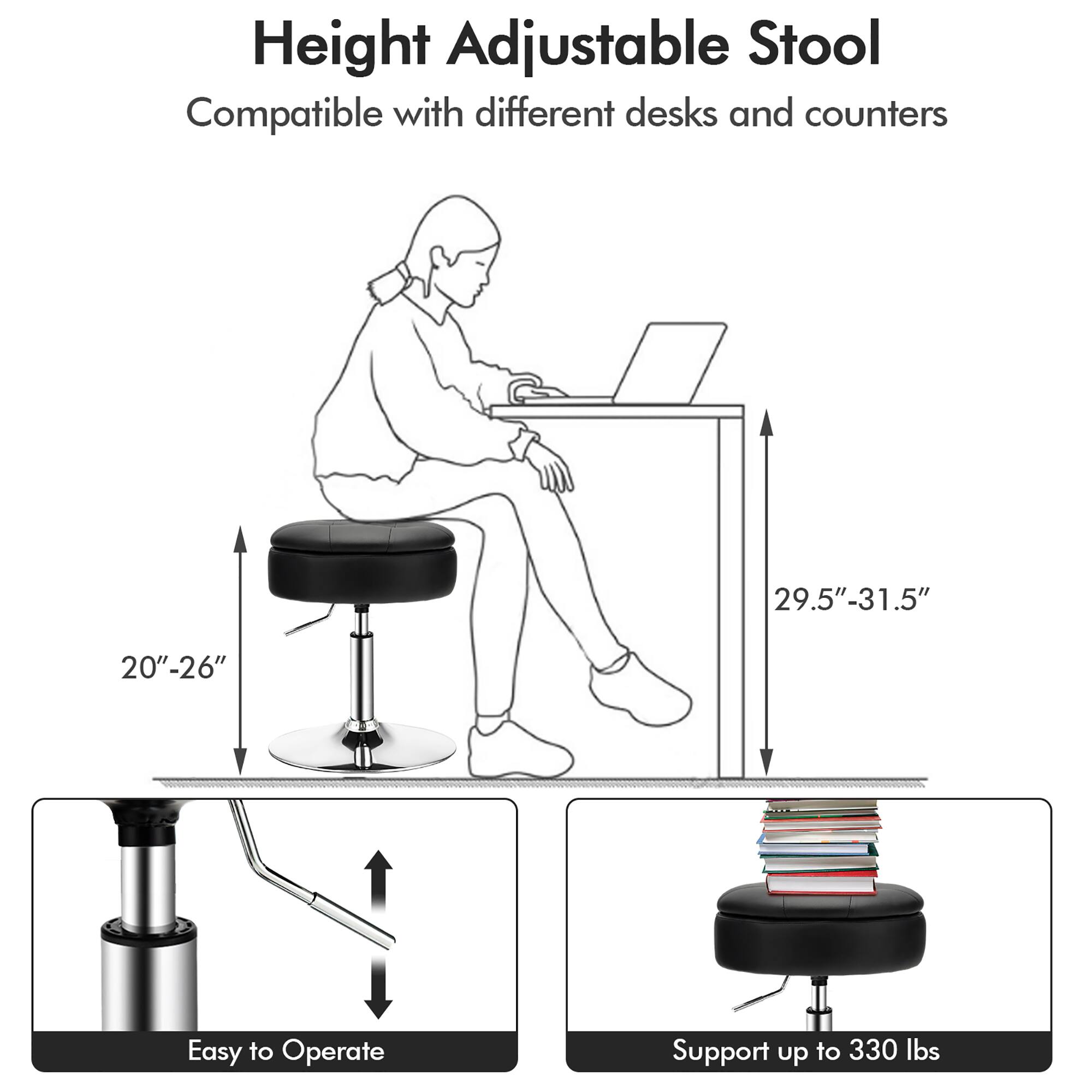 The image features a woman sitting on a black stool, which is advertised as a height adjustable stool. The stool is compatible with various desks and counters, ranging from 29.5" to 31.5" in height and 20" to 26" in width. The stool is easy to operate and can support up to 330 lbs, making it a convenient and versatile seating option for different settings.